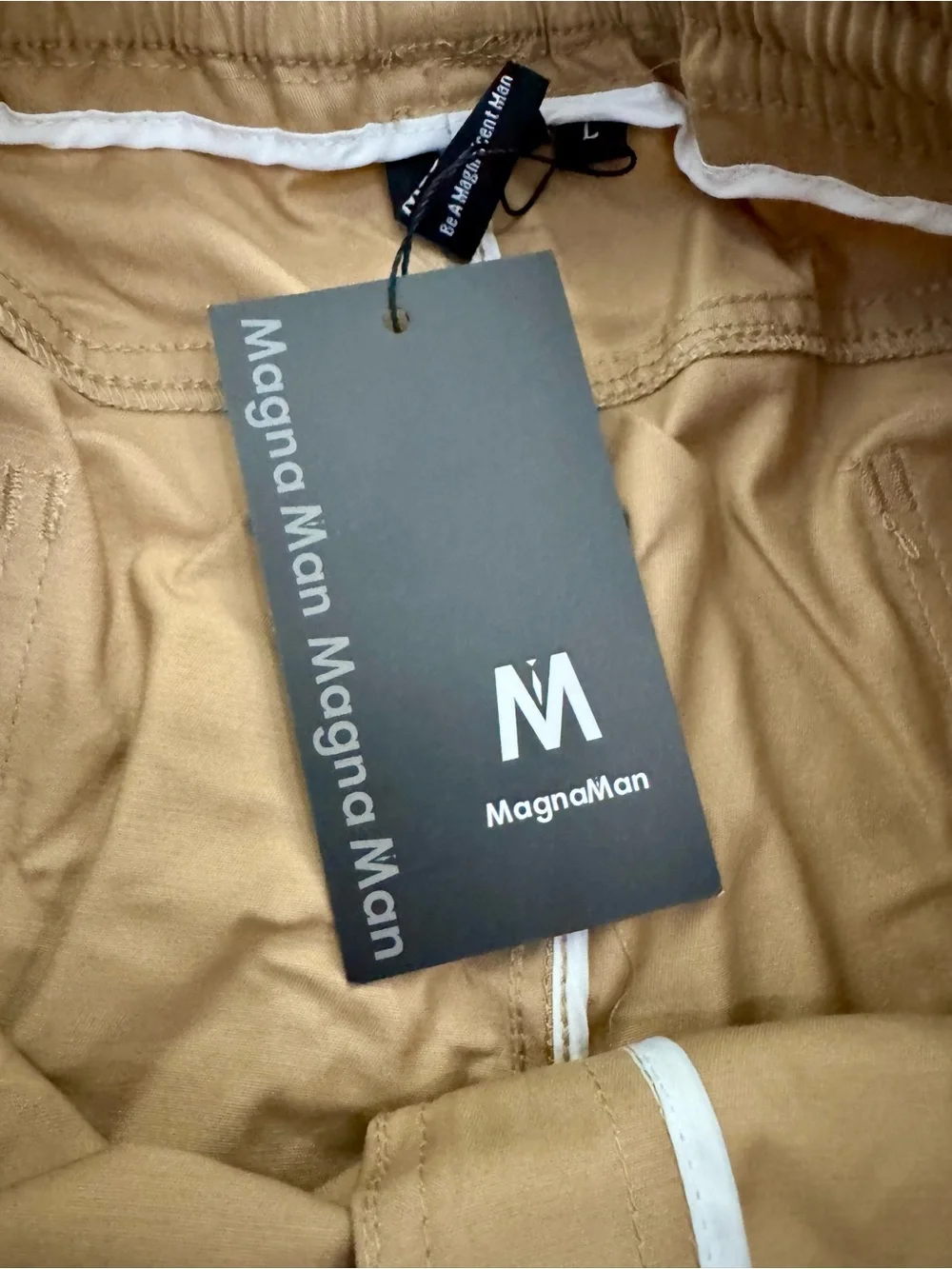 MagnaMan Mens Khaki Drawstring Shorts Large NWT Moisture Wicking Stretch